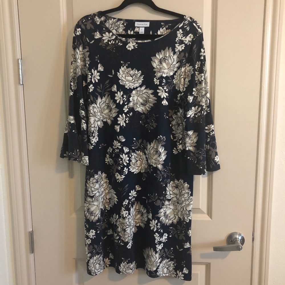 Navy Pullover Bell Sleeved Print Tunic Dress